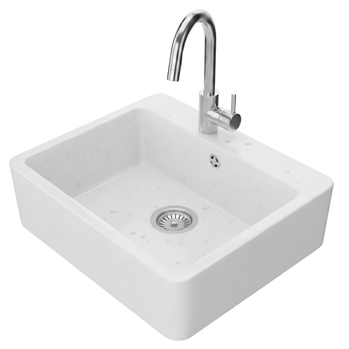 Évier de cuisine blanc : style moderne et robinet chromé design. Évier de cuisine blanc rectangulaire style moderne, robinet mitigeur chromé. Cuve propre avec bonde en inox et fines gouttes d'eau.