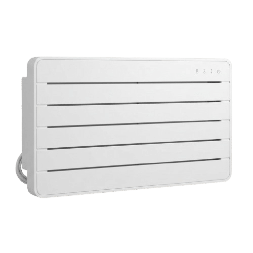 Radiateur électrique blanc design | Chauffage mural moderne Radiateur électrique mural blanc design avec quatre fentes horizontales. Affichage de contrôle : thermostat, minuterie et marche/arrêt.