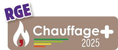 RGE Chauffage+ 2025 | Label de performance énergétique Label RGE Chauffage+ 2025 : flamme blanche stylisée. Indication d'efficacité énergétique par barres de couleur (vert à rouge).