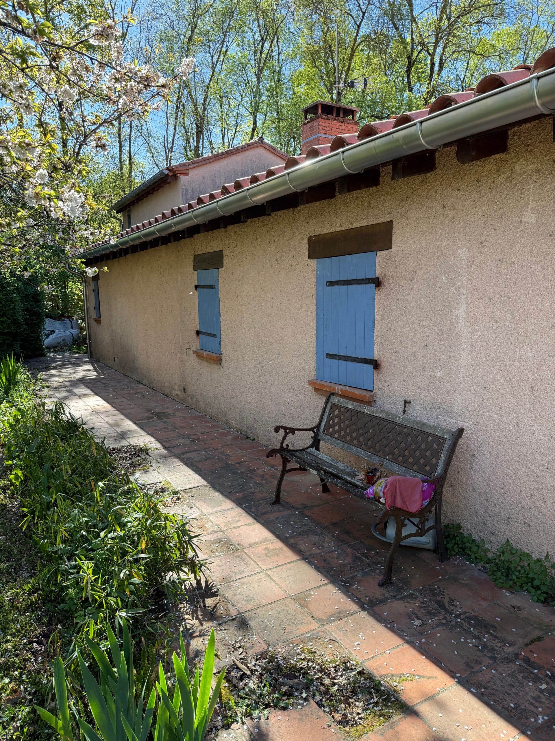 Maison provençale avec volets bleus, banc en fer forgé et sentier dallé sous des arbres fleuris.